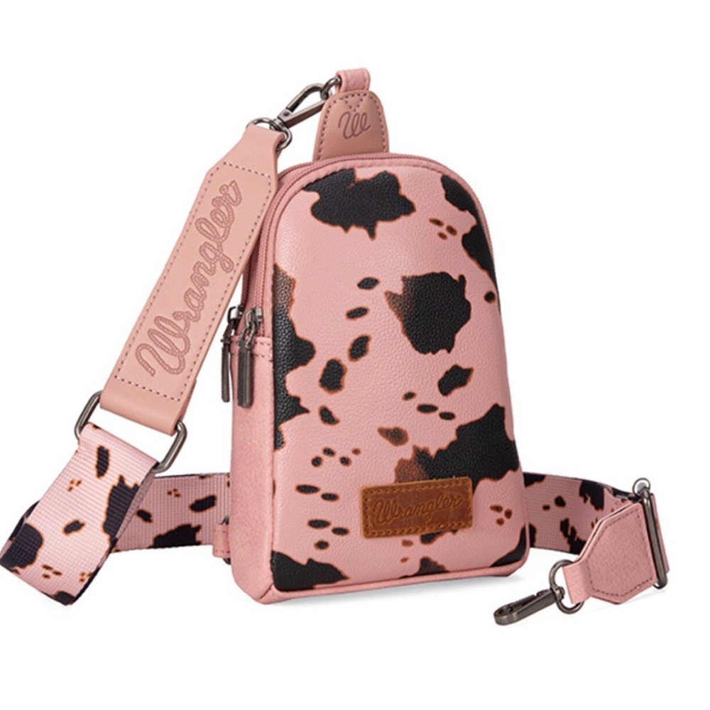 NEW Wrangler Pink & Brown Cow Print Sling Bag